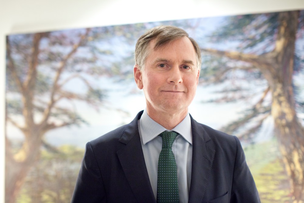 HE Hugo Shorter in front of The Cedars of Lebanon painting by Tom Young -Portrait Emile Issa- Feb 2016